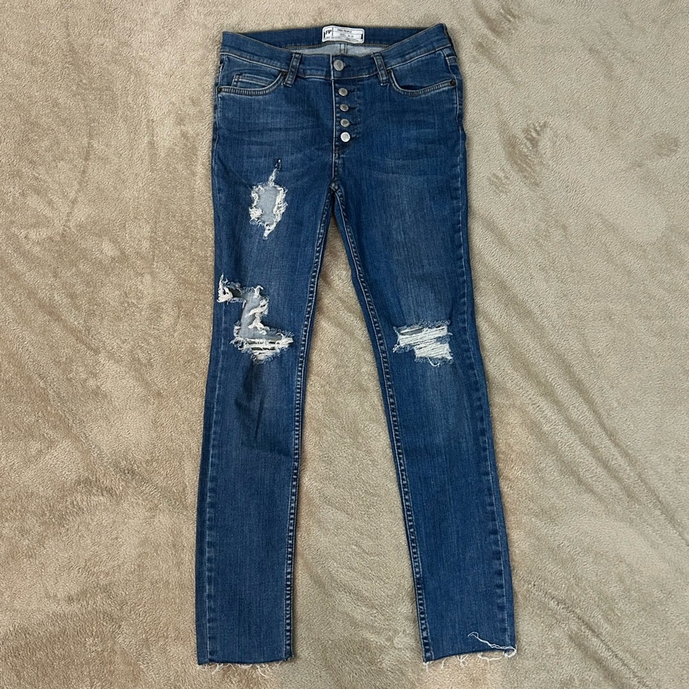 Free People Button Fly Distressed Skinny Jeans W26 | Dark Wash Boho